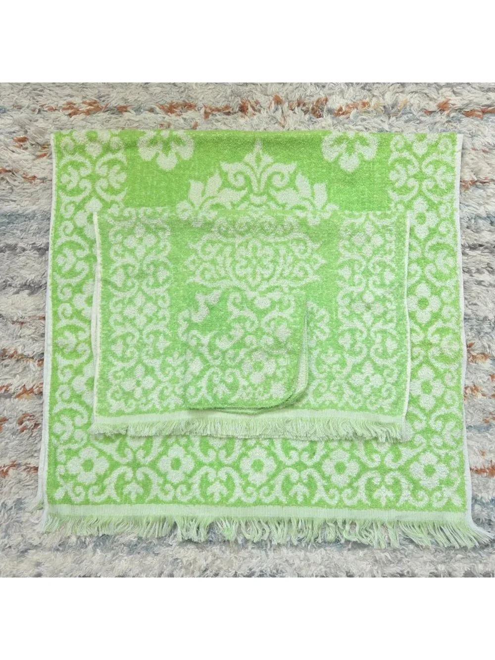 Vintage MCM St. Mary's Green Flower Bath Set Towels USA